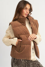 Load image into Gallery viewer, Coffee Corduroy Stand Neck Zipped Puffer Vest