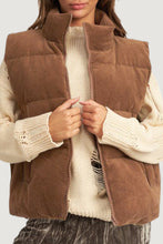 Load image into Gallery viewer, Coffee Corduroy Stand Neck Zipped Puffer Vest