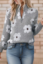 Load image into Gallery viewer, Floral Pattern Drop Shoulder Half Zip Sweater