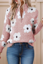 Load image into Gallery viewer, Floral Pattern Drop Shoulder Half Zip Sweater