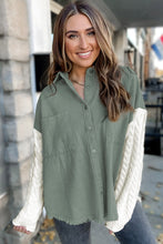 Load image into Gallery viewer, Green Cable Knit Sleeve Raw Hem Shacket