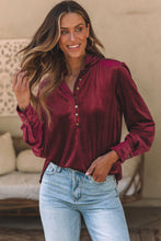 Load image into Gallery viewer, Frill Half Button Mock Neck Long Sleeve Blouse