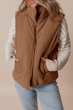 Load image into Gallery viewer, Coffee Corduroy Stand Neck Zipped Puffer Vest