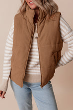 Load image into Gallery viewer, Coffee Corduroy Stand Neck Zipped Puffer Vest