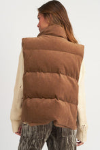 Load image into Gallery viewer, Coffee Corduroy Stand Neck Zipped Puffer Vest