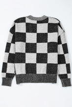 Load image into Gallery viewer, Black Checkered Drop Shoulder Buttoned V Neck Cardigan