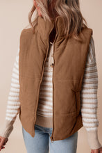 Load image into Gallery viewer, Coffee Corduroy Stand Neck Zipped Puffer Vest