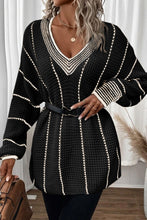 Load image into Gallery viewer, Black Colorblock Striped V Neck Knitted Loose Sweater