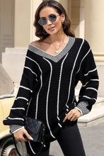 Load image into Gallery viewer, Black Colorblock Striped V Neck Knitted Loose Sweater