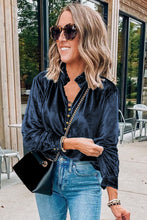 Load image into Gallery viewer, Frill Half Button Mock Neck Long Sleeve Blouse