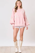 Load image into Gallery viewer, Light Pink Bow Thread Embroidery Ribbed Edge Sweatshirt
