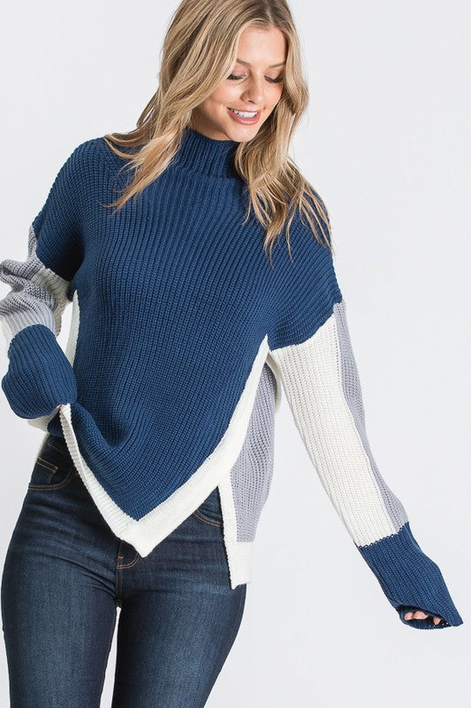 KNIT COLOR BLOCK SWEATER WITH SIDE PANELS