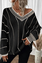 Load image into Gallery viewer, Black Colorblock Striped V Neck Knitted Loose Sweater
