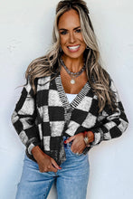 Load image into Gallery viewer, Black Checkered Drop Shoulder Buttoned V Neck Cardigan
