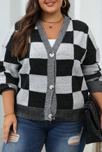 Load image into Gallery viewer, Black Checkered Drop Shoulder Buttoned V Neck Cardigan
