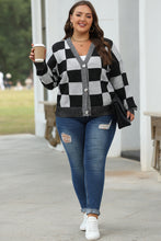 Load image into Gallery viewer, Black Checkered Drop Shoulder Buttoned V Neck Cardigan
