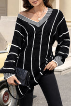 Load image into Gallery viewer, Black Colorblock Striped V Neck Knitted Loose Sweater
