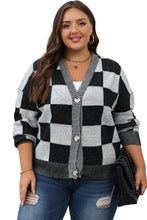 Load image into Gallery viewer, Black Checkered Drop Shoulder Buttoned V Neck Cardigan
