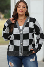 Load image into Gallery viewer, Black Checkered Drop Shoulder Buttoned V Neck Cardigan
