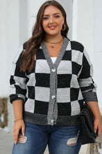 Load image into Gallery viewer, Black Checkered Drop Shoulder Buttoned V Neck Cardigan
