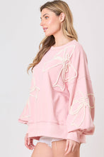 Load image into Gallery viewer, Light Pink Bow Thread Embroidery Ribbed Edge Sweatshirt
