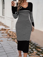 Load image into Gallery viewer, Devine Striped V-Neck Long Sleeve Sweater Dress
