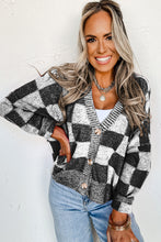 Load image into Gallery viewer, Black Checkered Drop Shoulder Buttoned V Neck Cardigan
