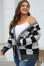 Load image into Gallery viewer, Black Checkered Drop Shoulder Buttoned V Neck Cardigan
