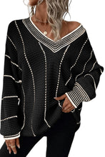 Load image into Gallery viewer, Black Colorblock Striped V Neck Knitted Loose Sweater
