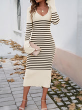 Load image into Gallery viewer, Devine Striped V-Neck Long Sleeve Sweater Dress
