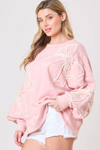 Load image into Gallery viewer, Light Pink Bow Thread Embroidery Ribbed Edge Sweatshirt
