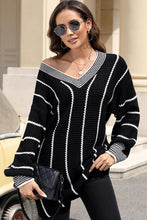 Load image into Gallery viewer, Black Colorblock Striped V Neck Knitted Loose Sweater
