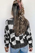 Load image into Gallery viewer, Black Checkered Drop Shoulder Buttoned V Neck Cardigan
